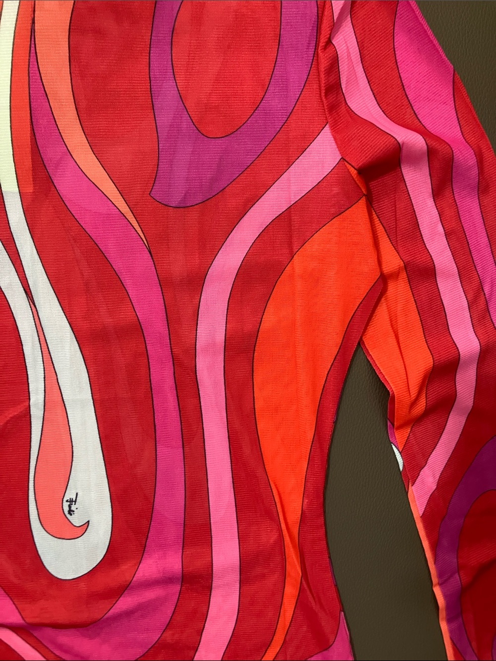 Emilio Pucci Red Pink Orange Swirl Long-Sleeve Mesh Top - Picture 6 of 8